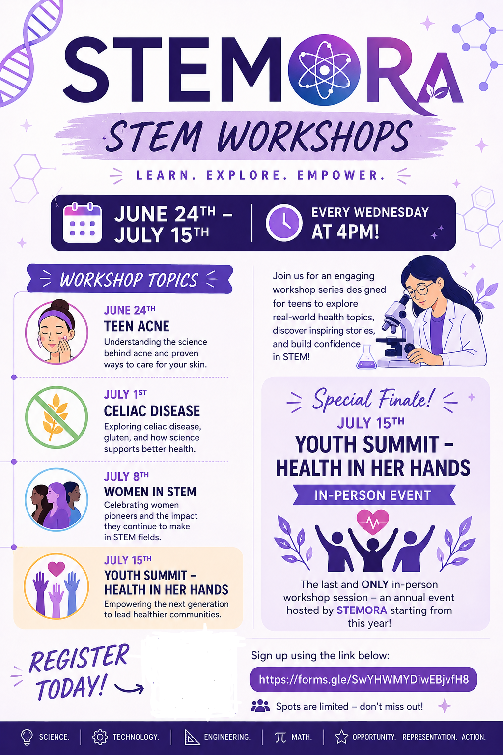 STEMORA STEM Workshops flyer, June 24 to July 15, every Wednesday at 4 PM. Topics: Teen Acne, Celiac Disease, Women in STEM, and Youth Summit: Health in Her Hands.